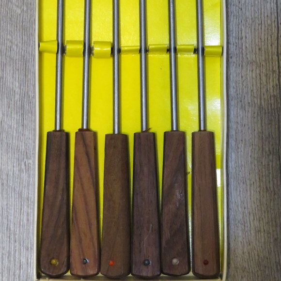 Vintage FONDUE Forks in Original Box Stainless Steel Teak Handles (221V) - Picture 4 of 7